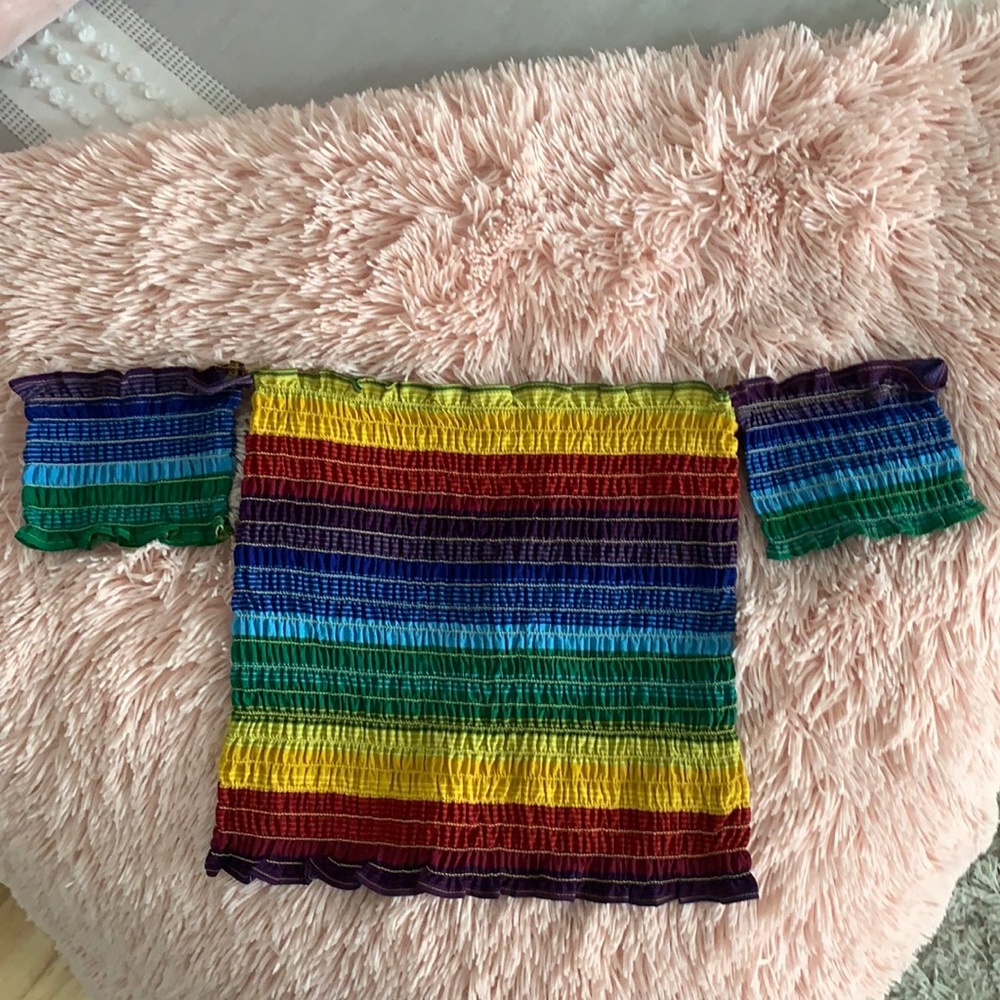 rainbow off the sleeve crop top